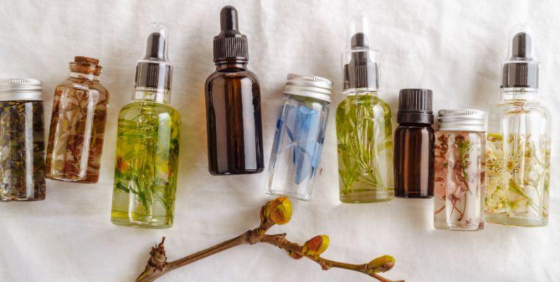 A horizontal flat-lay of several small glass apothecary vials and dropper bottles filled with essential oils and infused botanical leaves, resting alongside a budding tree branch on a white fabric surface to illustrate holistic natural allergy remedies used to clear indoor air.